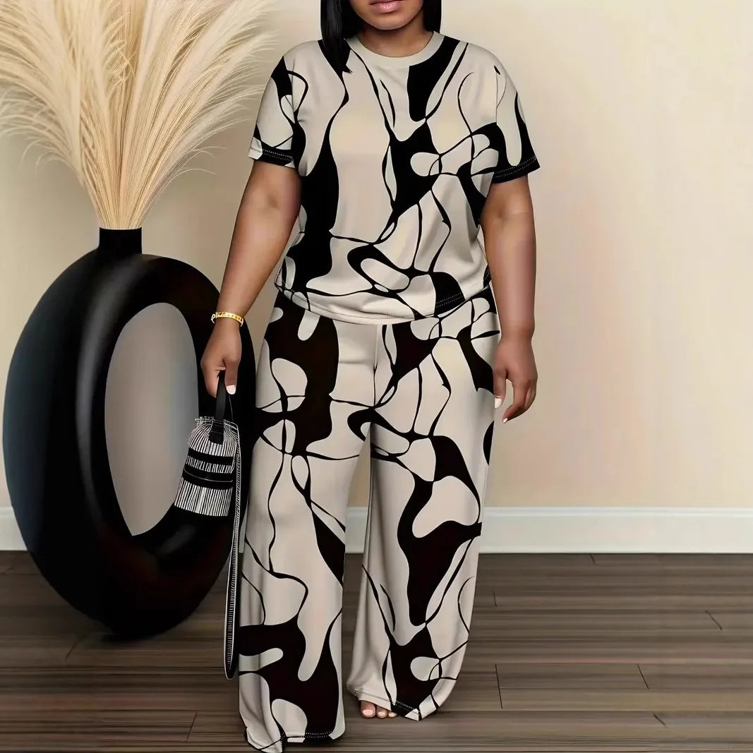 Conjuntos Femininos Summer Short-sleeved Fashion Print Suit Women's Round Neck Large Size T-shirt Wide-leg Trousers 2 Piece Suit
