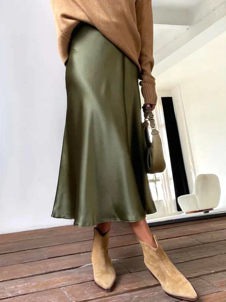 Elegant Women's Skirts Korean Fashion Satin Silk A-line Skirt Office Black Champagne Long Summer Skirts Woman Fashion 2024