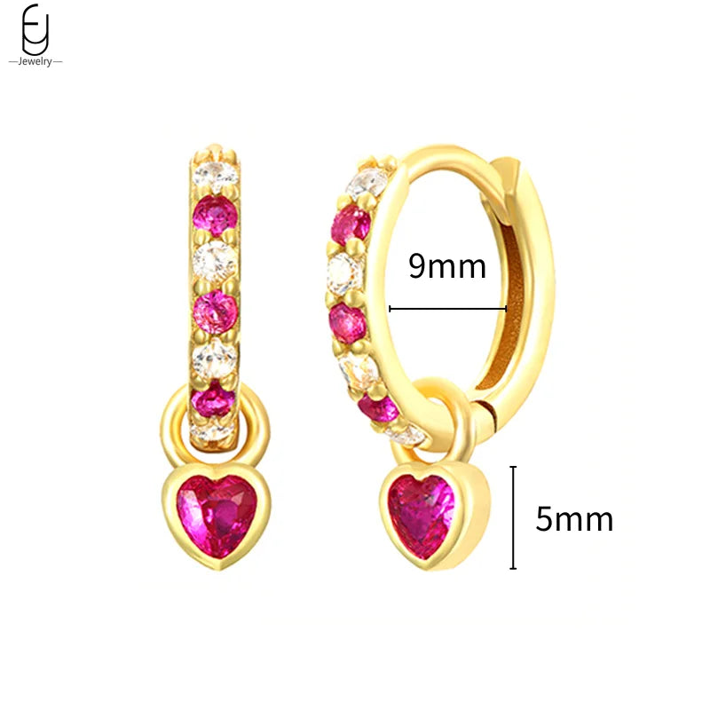 925 Sterling Silver Needle Rose Red Crystal Stud Earrings For Women Water Drop/Heart Pendant Gold Earrings Fashion Jewelry Gifts