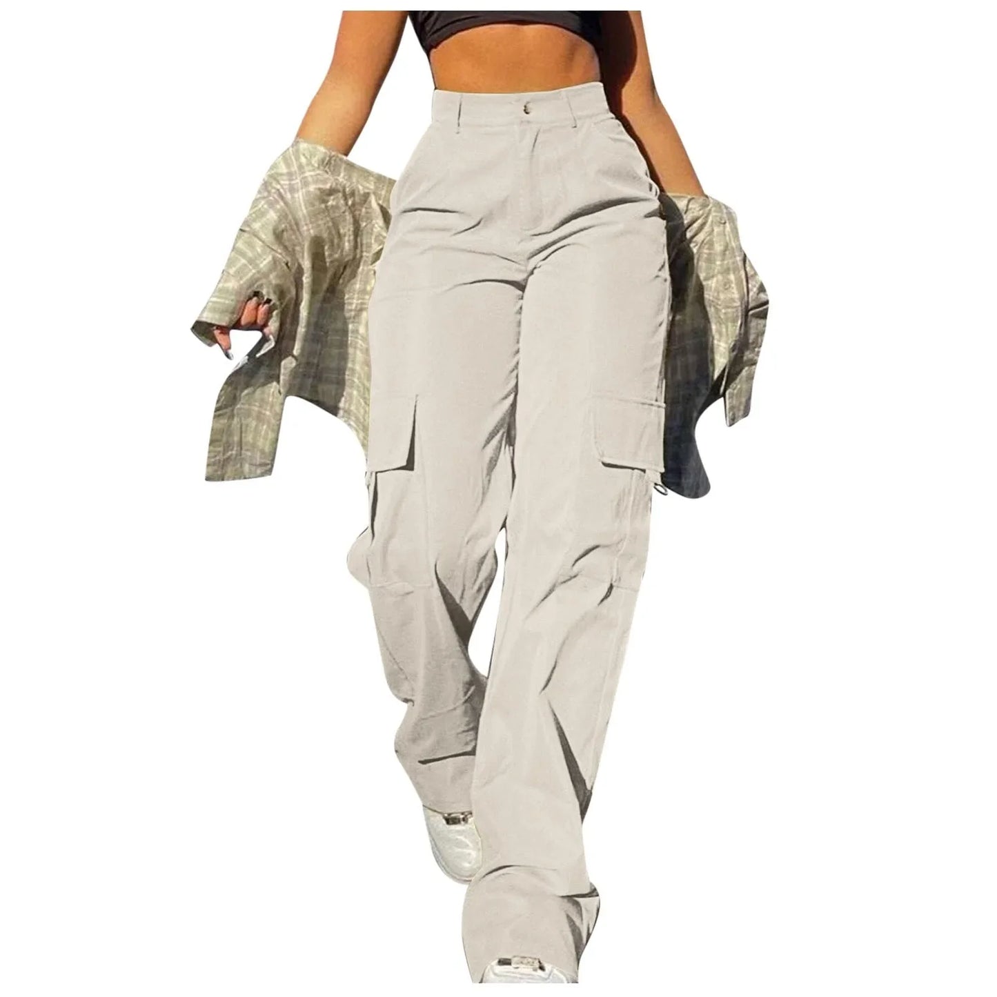 Ladies' Street Fashion Multi Pocket Cargo Pants Summer Solid Color Straight Leg Pants High Waist Slimming Loose Fit Cargo Pants