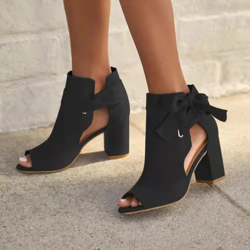 Summer Women's Sandals Elegant Bow Peep Toe Ladies Buckle Strap Chunky Heel Sandals 36-42 Large-Sized Female Dress Party Shoes