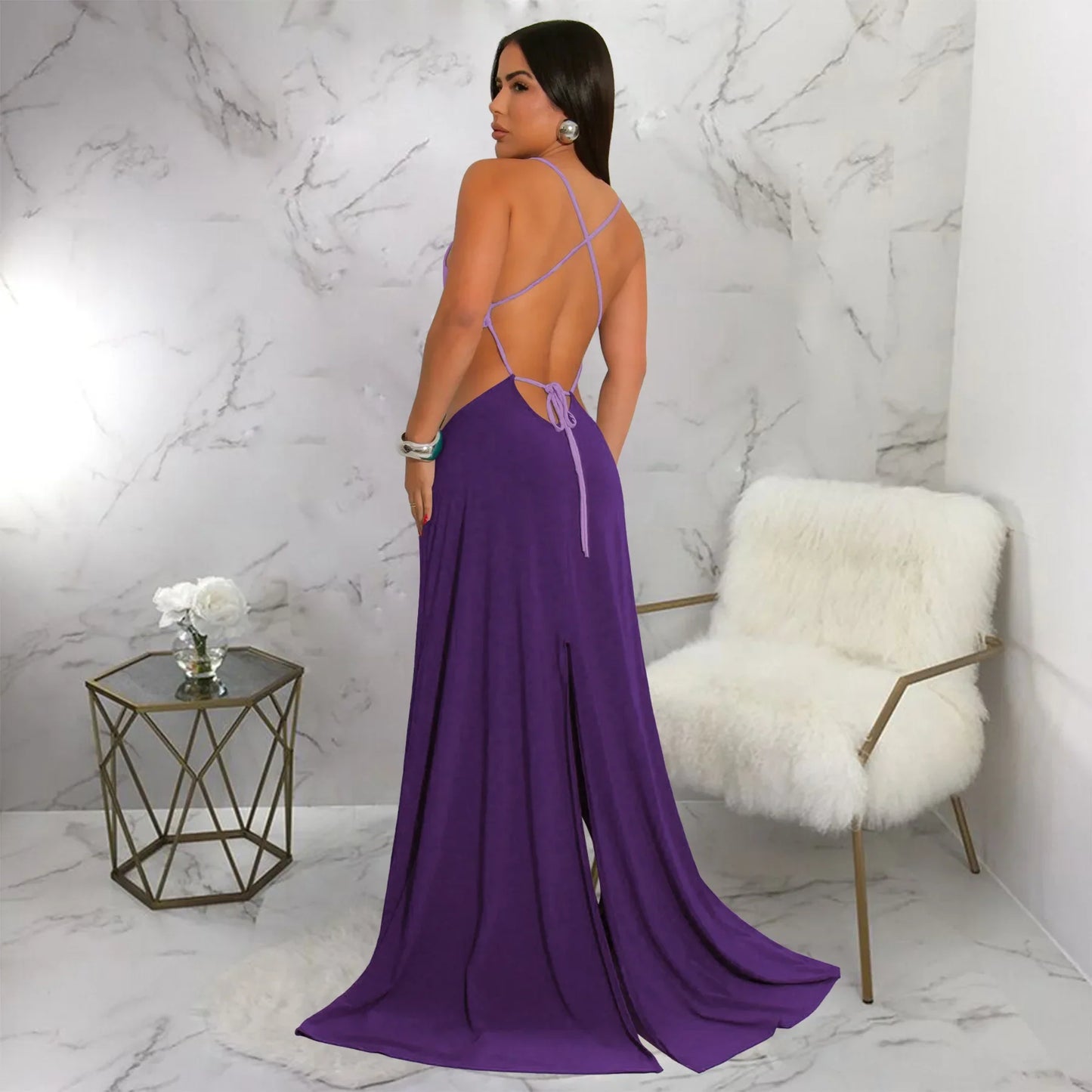 CM.YAYA Women Strap Backless Big Swing Split Maxi Long Dress 2025 Hollow Out Birthday Sexy Club Party Evening Dresses Vestidos