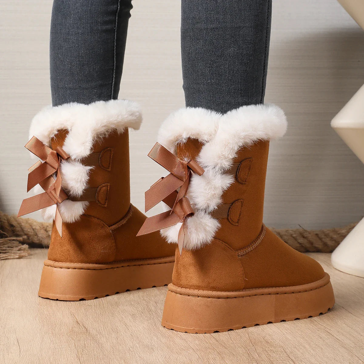 Bow Round Toe Elegant  Flat Wear-resistant Warm Women's Shoes