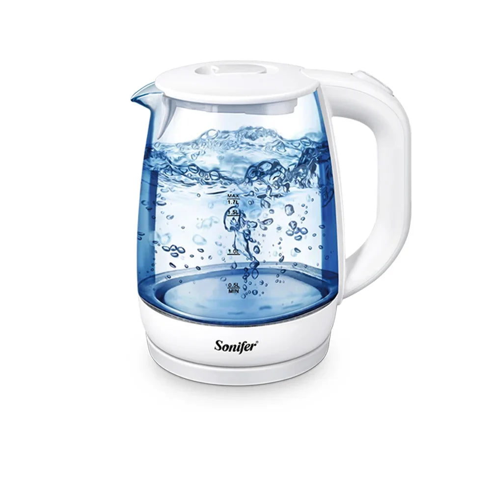 Sonifer 1.7L Glass Electric Kettle SF-2079, 2200W Fast Boil, Cordless, Blue LED Light, Auto Shut-Off, Dry Boil Protection