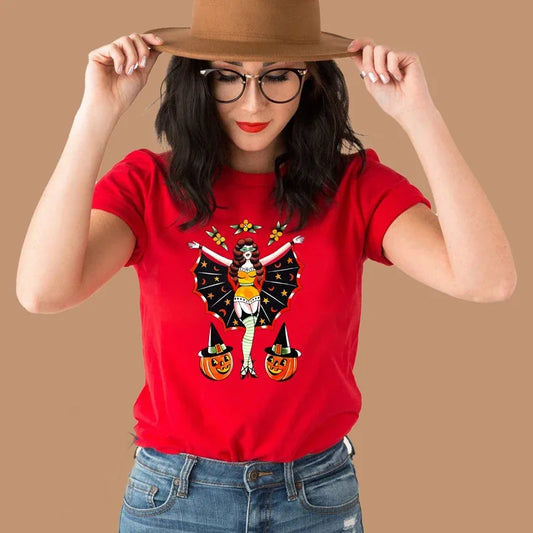 2024 Funny Pumpkin Face Floral Sexy Ladies T Shirt Women  Halloween Clothes Fall Festival T-shirt WomenTop