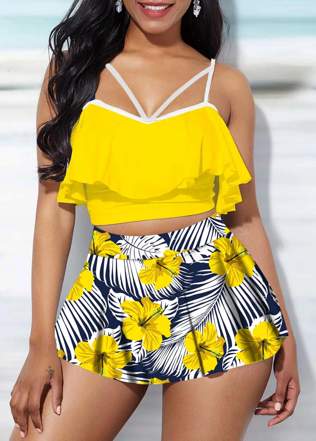 High quality design sexy women's bikini pool swimsuit retro oil painting flower print ruffle edge swimsuit  S-5XL
