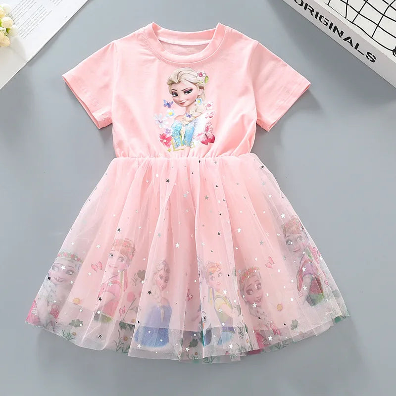 2024 Girls Dress Cartoon Summer Frozen Fashion Children's Elsa Princess Baby Girl Toddler Short Sleeve Cute Party Dresses 3-9Y