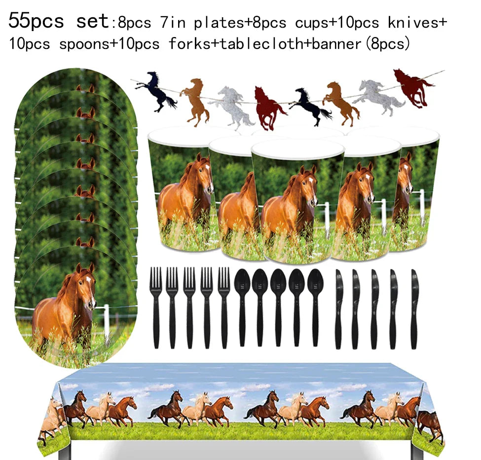 Horse Pony Disposable Tableware Set Birthday Party Supplies Plates Cups Napkins and Decorations