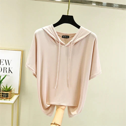 Thin T-shirts Women Hooded Fashion Loose Casual All-match Korean Style Solid Simple Y2k Aesthetic Футболка Женский Cozy Chic New