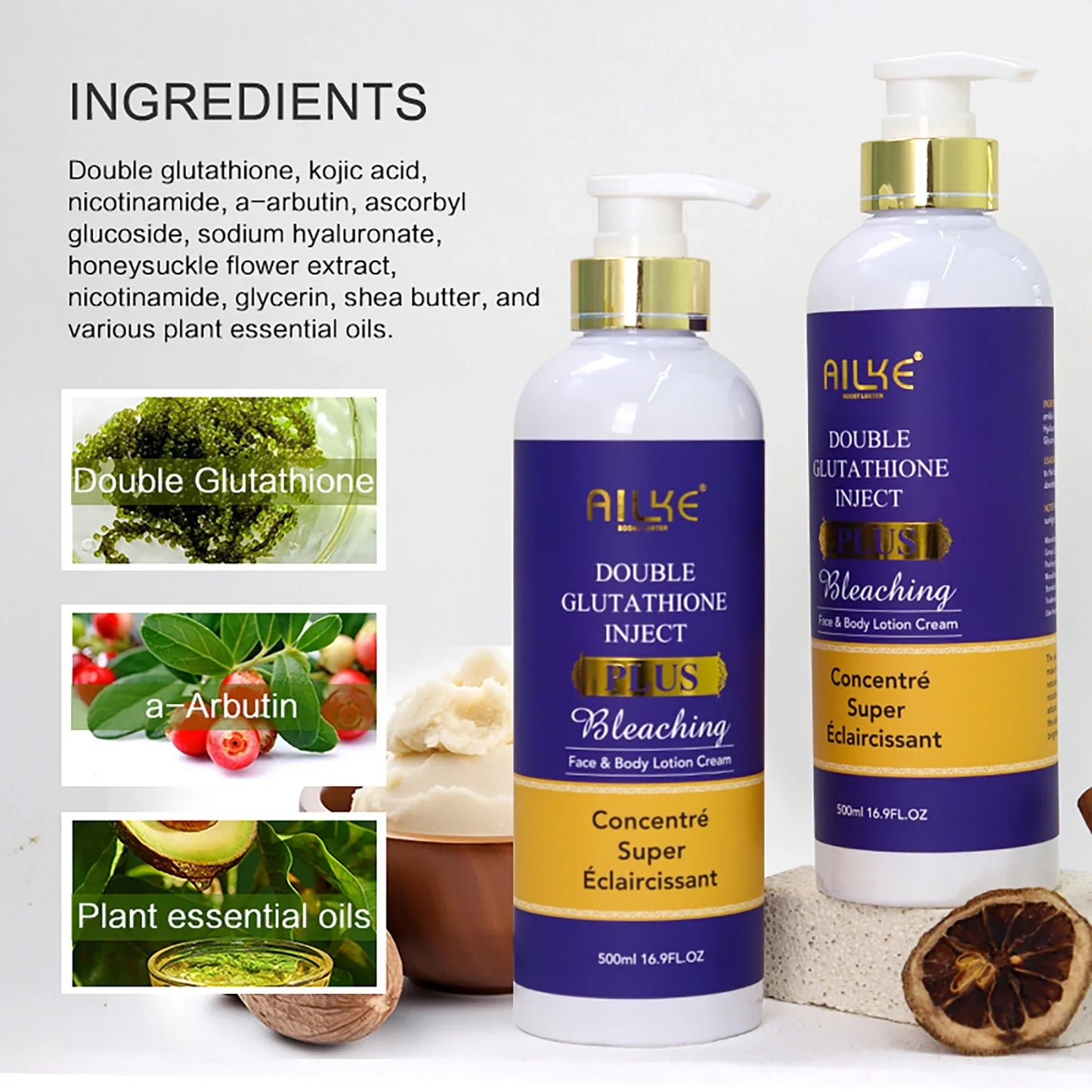 AILKE Double Glutathione Plus Moisturizing Hydrating Body & Skin Whiten Lotion, Bleaching Lotion for Women & Men With Pump