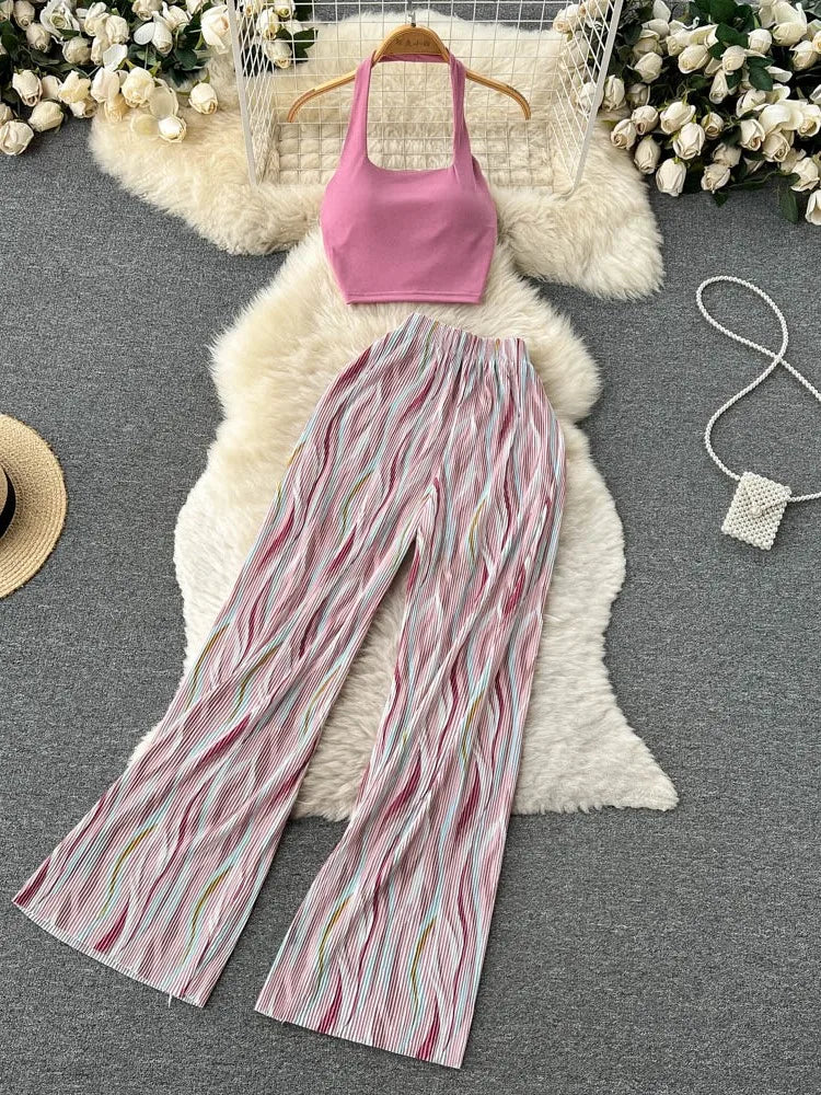 Fashion New Women Summer Sexy Pants Set 2023 Halter Tank Tops Wide-leg Long Pantsuit Female Slim Vacation Two Piece Sets