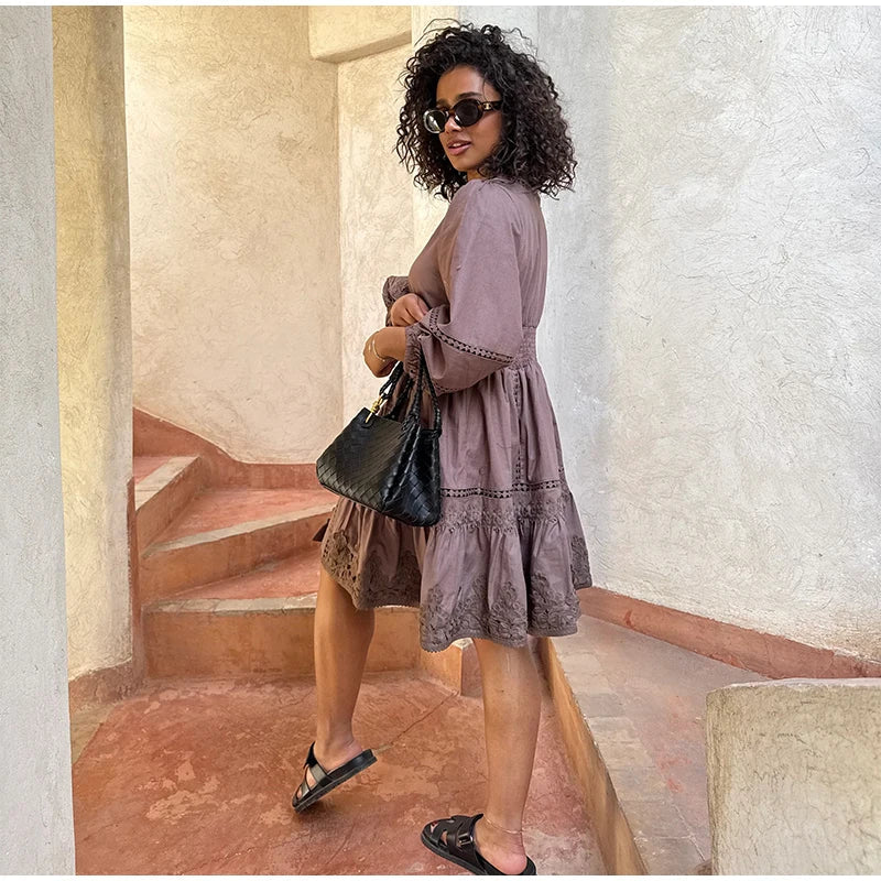 Elegant Lace Hollow Out Women's Long Dress Solid V-neck Patchwork Puff Sleeve Bodycon Dressess Female 2025 Spring New Lady Robes