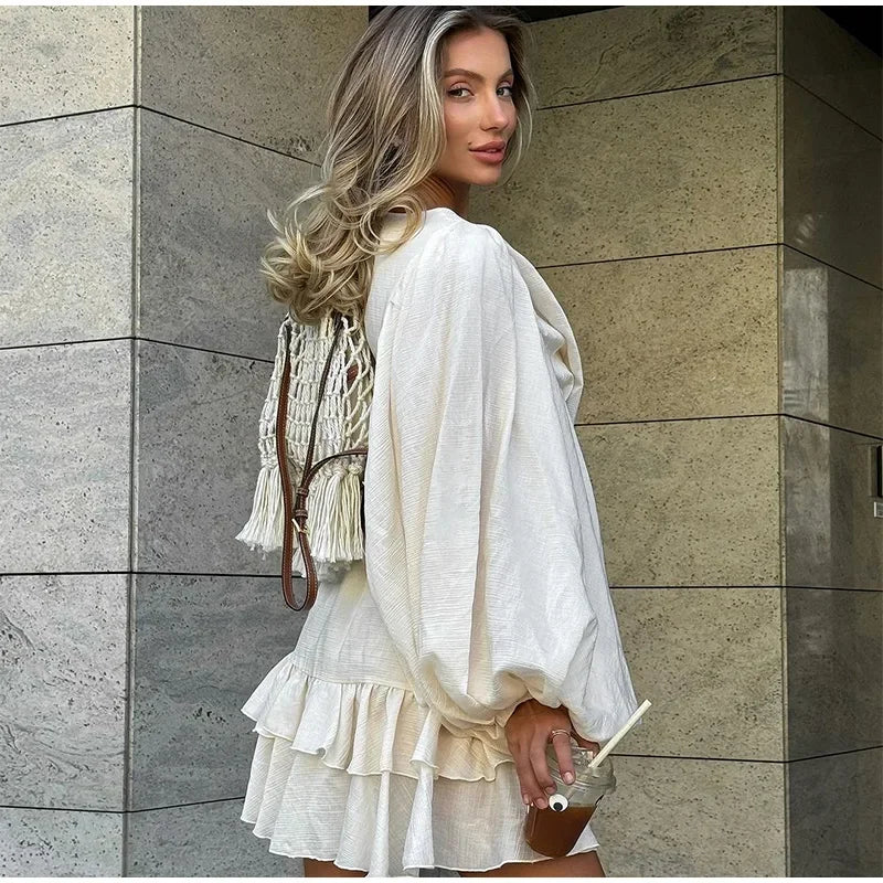 Elegant Layer Ruffles Hem Mini Dresses Chic Loose O Neck Lantern Sleeve Button A-line Cake Dress New Ladies High Street Vestidos