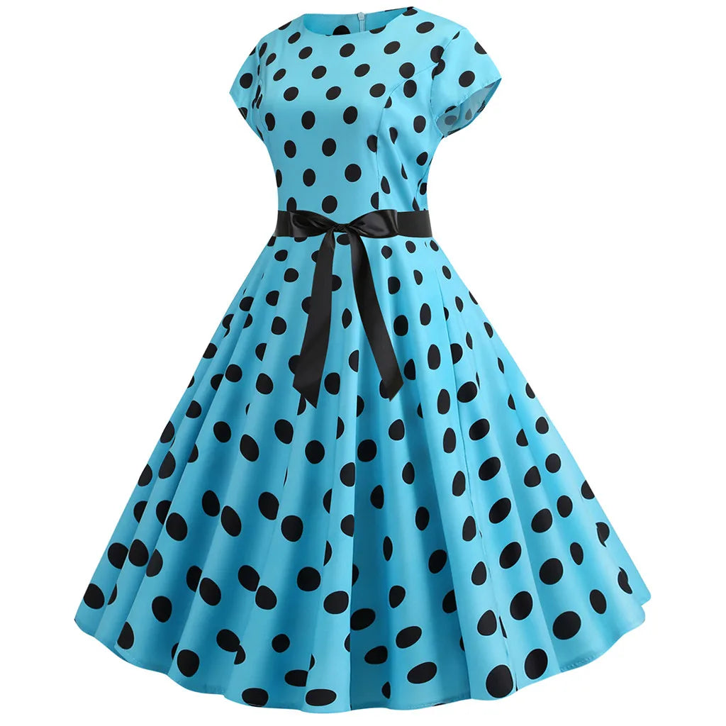 Women Vintage 1950s 60s Polka Dot Print High Waist A-line Swing Party Dress Retro Short Sleeve With Belt Evening Prom Dress