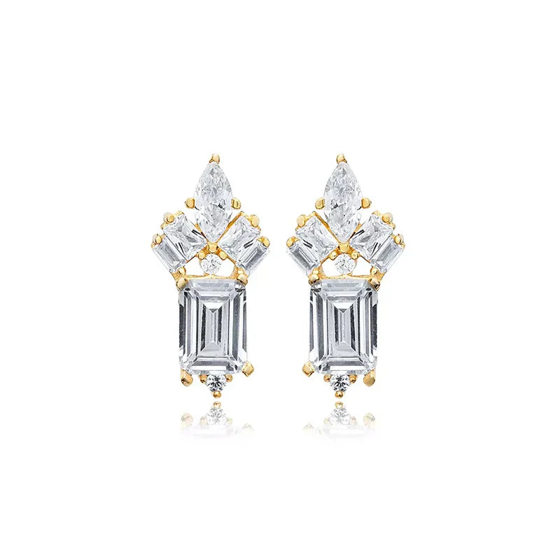 925 Sterling Silver Ear Needle Geometric Zircon Metal Earrings for women Shiny Crystal Luxury Small Stud Fashion Wedding Jewelry