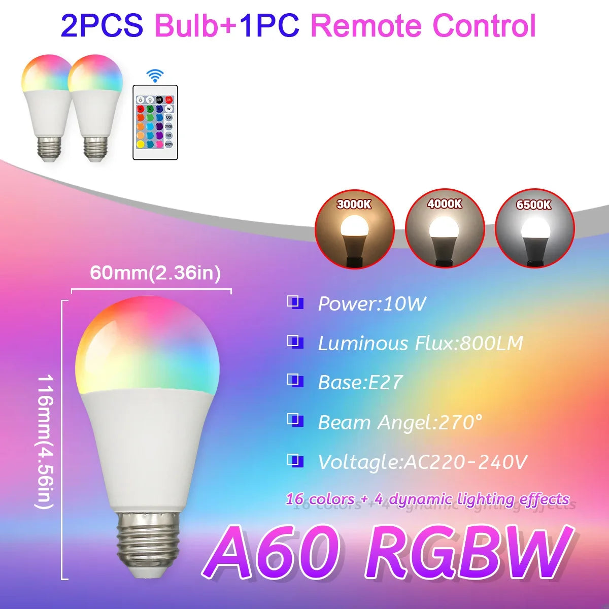 E27 RGB LED Light Bulb 220V 10W with IR Remote Control Color Changing Multicolor + White Lamp Spotlight for Bedroom Party Home