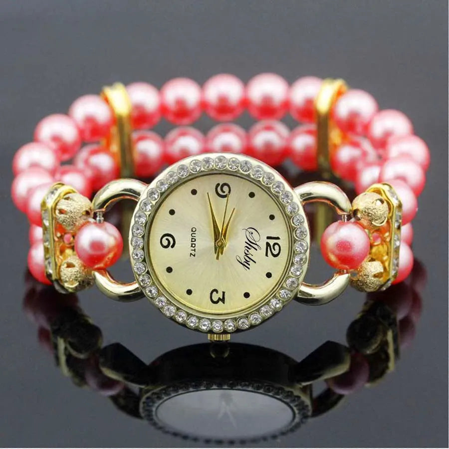 Shsby New Women's Rhinestone Quartz Analog Bracelet Wrist Watch Lady Watches With Colorful Pearls