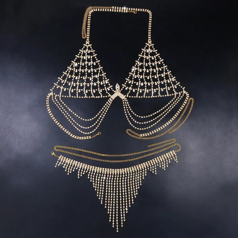 Sexy Rhinestone Bra And Thong Set For Women Bikini Nightclub Prom Body Chain Mesh bra tassel Underwear Hollow Jewelry