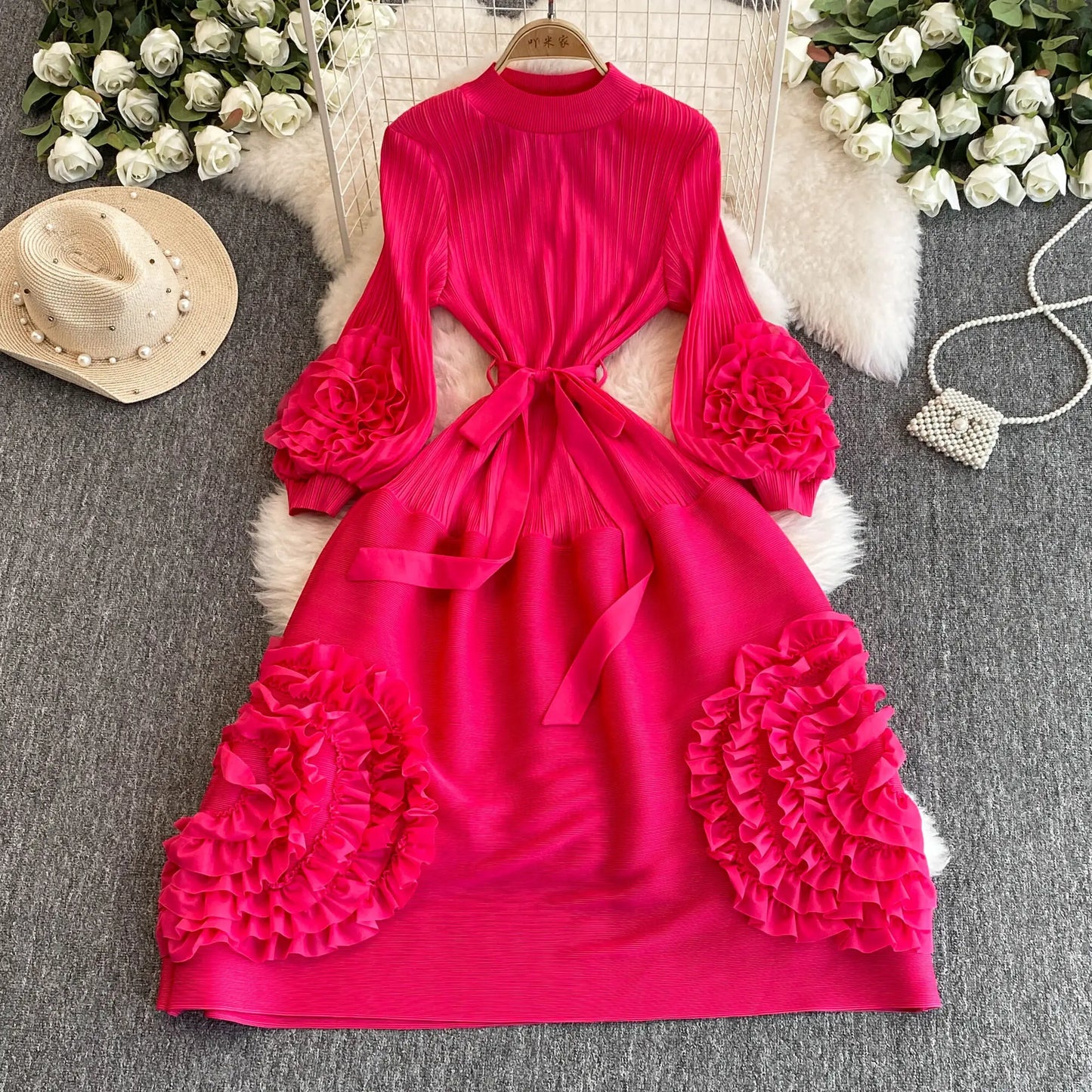 XFPV Women's Pleated Lace Elegant Temperament Lace Up Puff Sleeves High Waisted Dress Vestidos Y2k Fashion Spring Autumn 2024