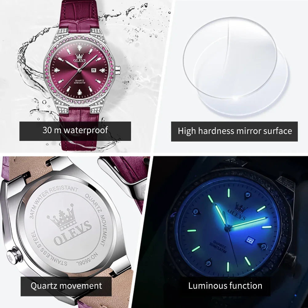 OLEVS Diamond Lap Women's Watches Luxury Original Quartz Watch for Women Fashion Leather Strap Waterproof Girls Dress Wristwatch