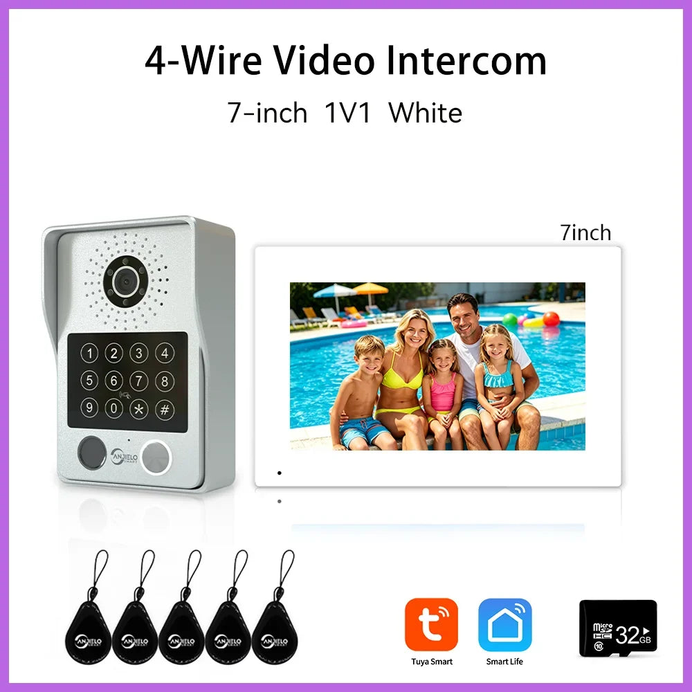 ANJIELO 4-Wire Video Intercom System with 10-inch Touch Screen 5-in-1 Unlock Tuya Smart APP Control IP65 Waterproof Night Vision