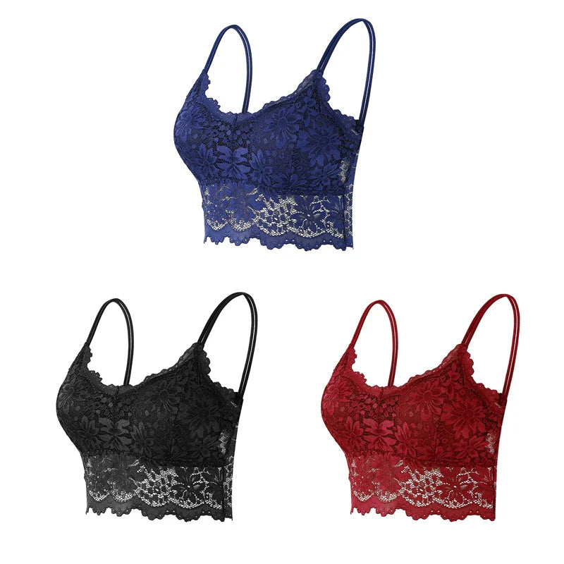 3PCS Women's Lace Top Comfortable Bralette, Solid Color Underwear Vest.
