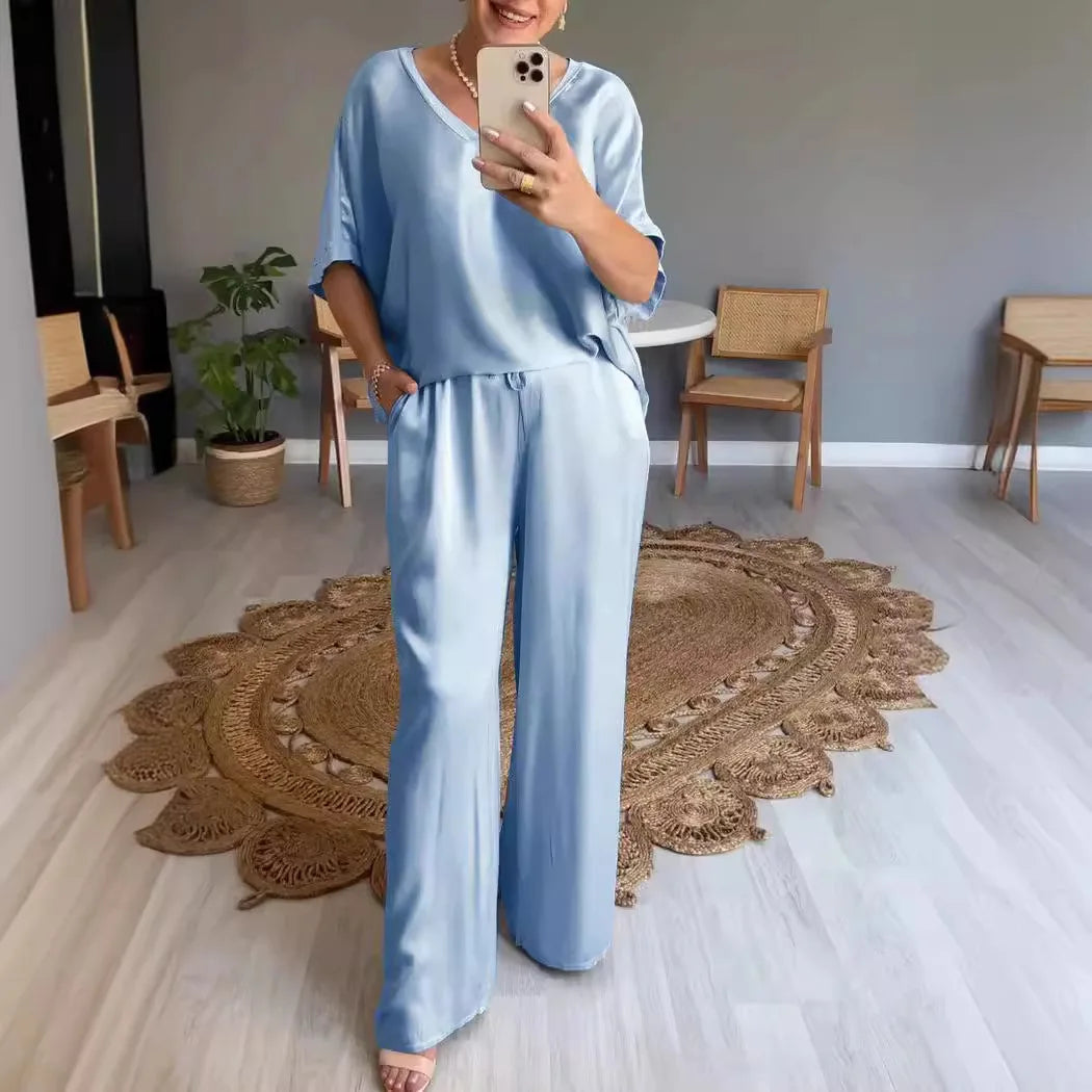 Summer Short-sleeved T-shirt Two-piece Set For Women V-neck Top Pullover Wide-leg Pants Suit For Women Spring Loose Satin Suit