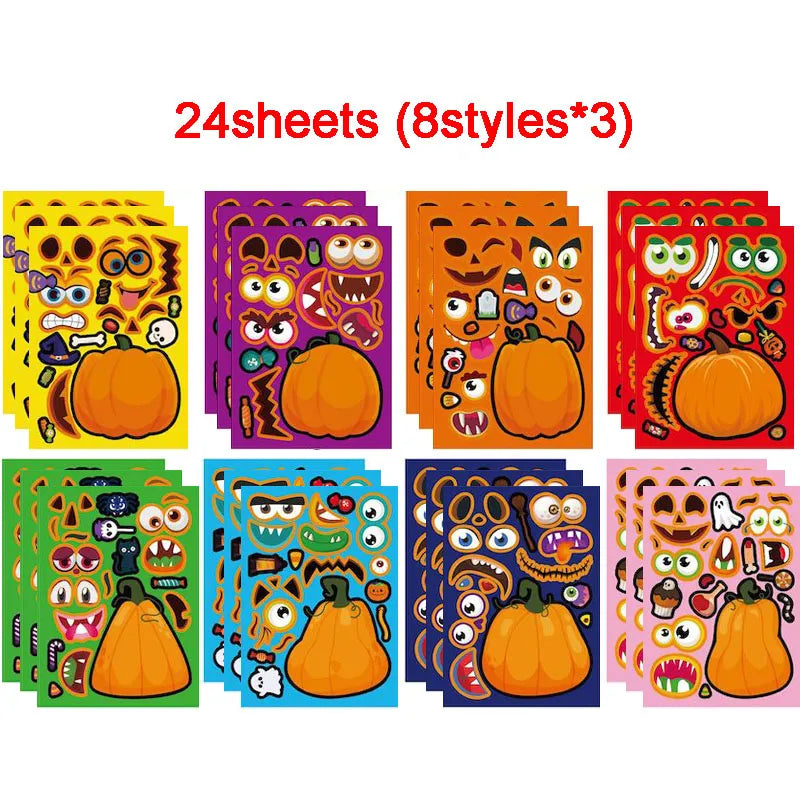 Halloween Party Favors Stickers for Kids 6-24sheets DIY Ghost Witch Mummy Make A Face Stickers Children Toddles Puzzle Jigsaw