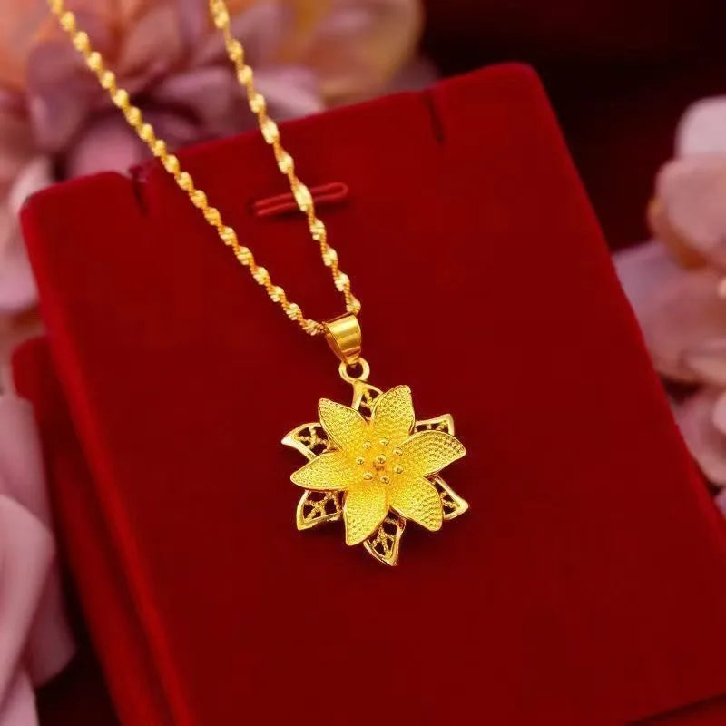24K Gold Color Flower Pendant Necklaces for Women 18 Inch Water Wave