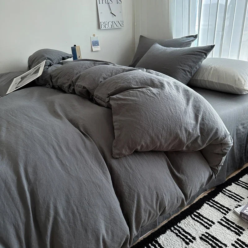 Bed Linen Solid Cotton Bedding Set, with Sheet, Duvet Cover, Pillowcases. Single Couple Bedsheet King, Queen Double Twin Size