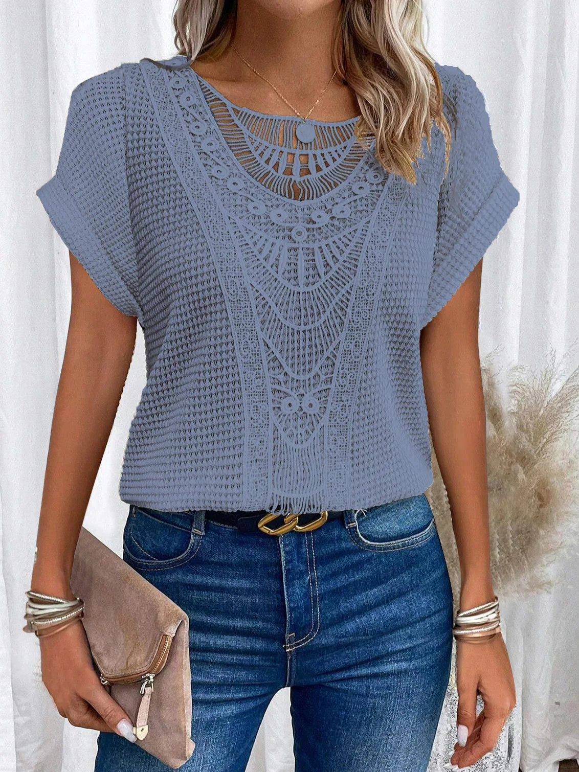 Fashion Lace Stitching T-shirt For Women's Tops Summer Casual Round Neck Office Ladies Clothes Short-sleeved Loose Tees Women
