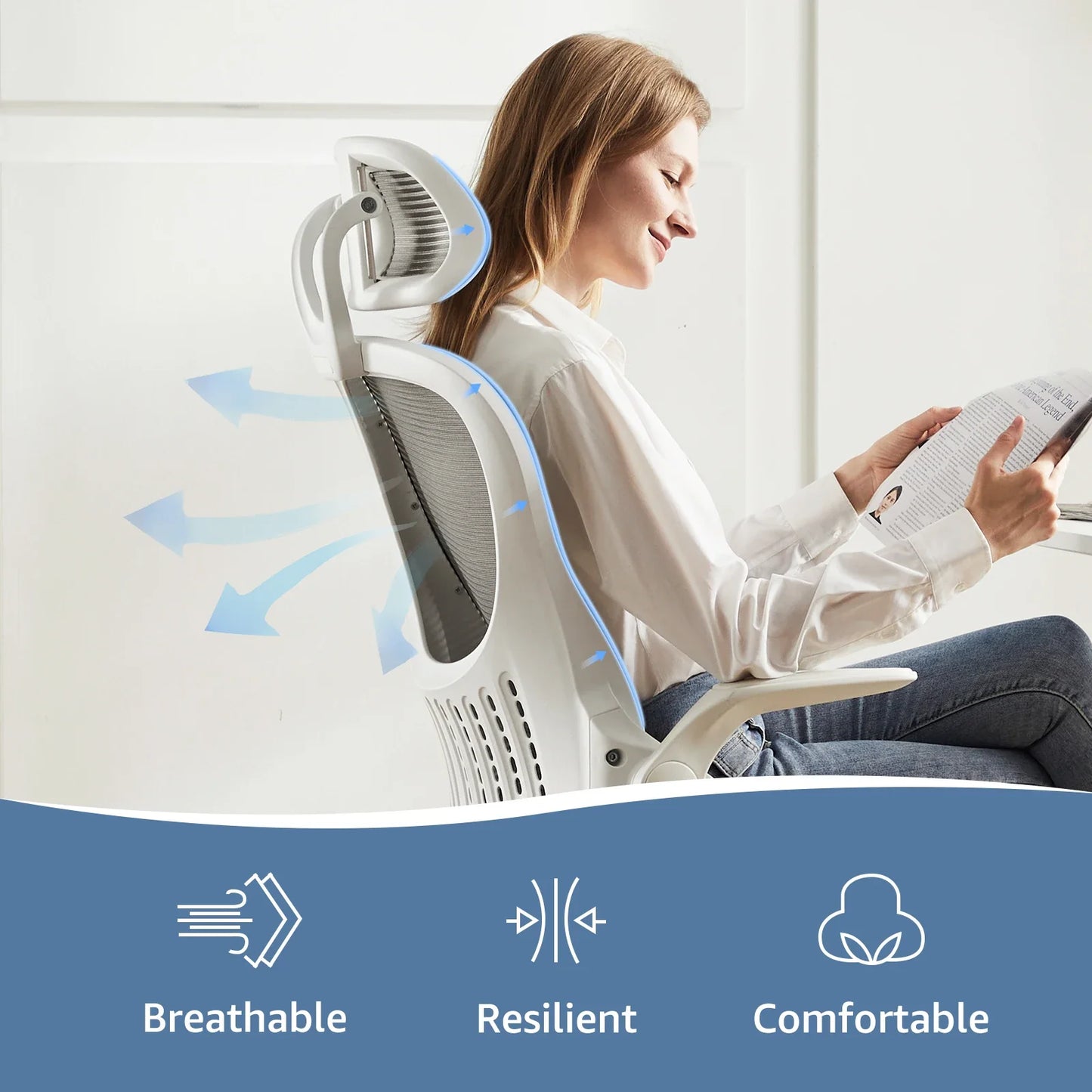 JHK Mesh Ergonomic Office Computer Desk Chair, Flip-up Arms, Adjustable Headrests.