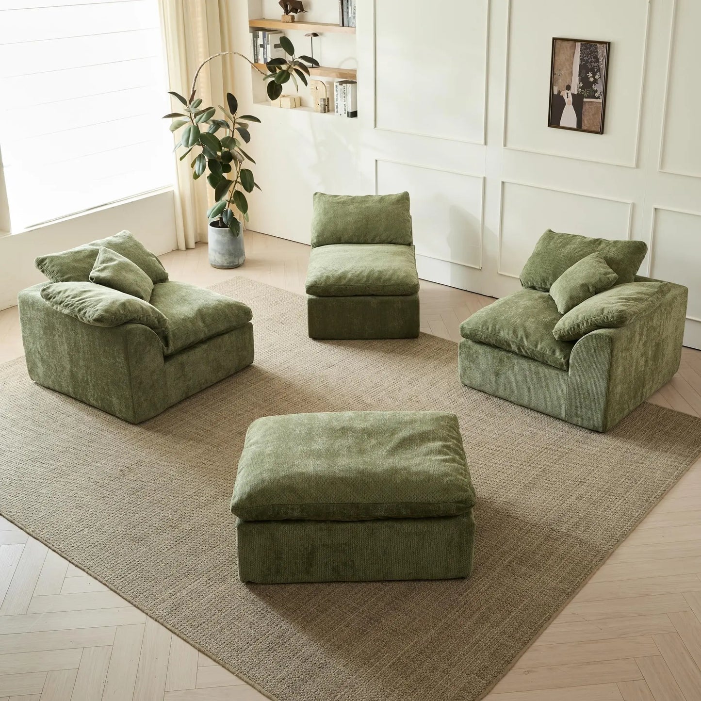 Modern Cloud L-Shaped 3-Seater Oversized Deep Seat Chenille Fabric Sofa Green Modular Sectional with Ottoman