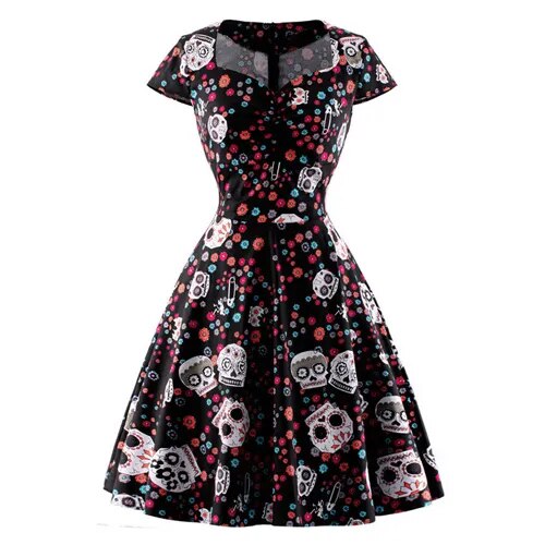 OTEN Halloween Summer skater dress elegant Vintage Red Sugar Skulls Flower print 50s rockabilly Evening Party Plus size Dresses