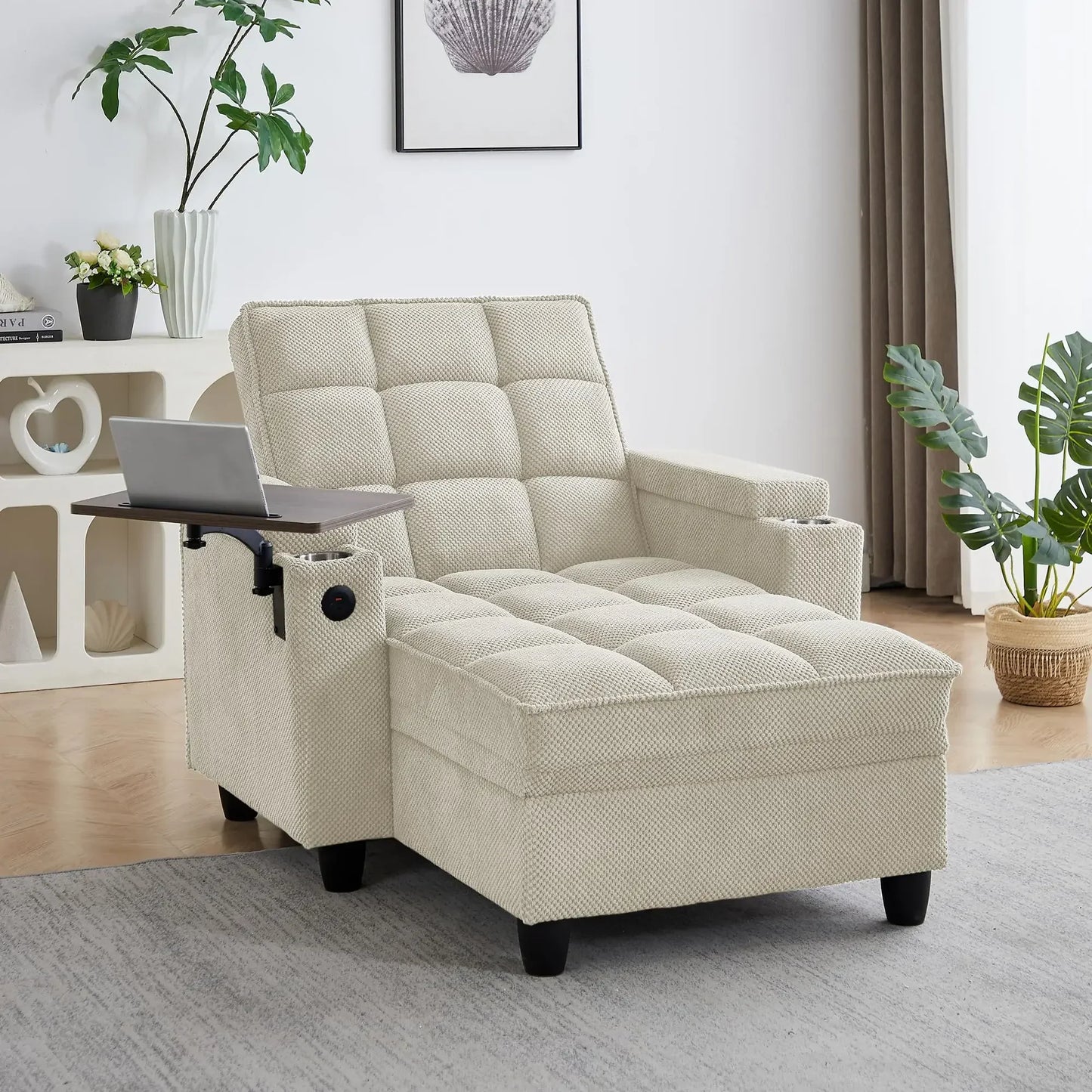 hansones 65'' 3-in-1 Folding Convertible Sofa Bed, Pullout Sofa, Modern Chenille Fabric, 360° Swivel Side Table, Easy Assembly,