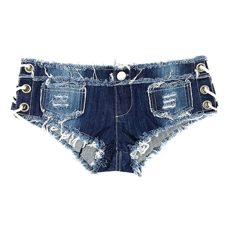 616 # Summer Sexy Low Waist Lace up Strap Hollow Hole Women's Denim Shorts and Jeans