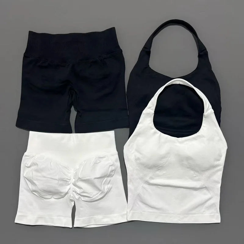 2 Pieces Shorts Yoga Set Women Backless Halter Tops High Waist Seamless Shorts Gym Suit Fitness Sportswear Workout Sets