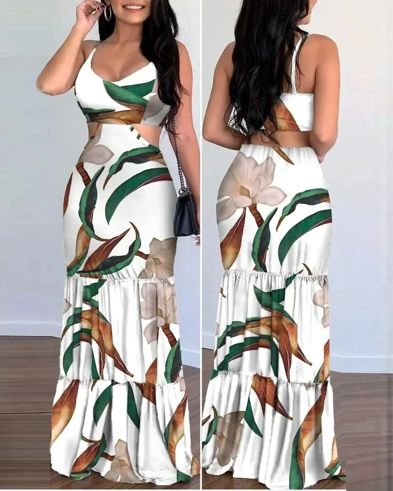 Women's Summer New Elegant Print Fashion Floral Sexy Backless Boho Maxi Ruffle Hollow Out Long Slim Beach Suspender Sheath Dress
