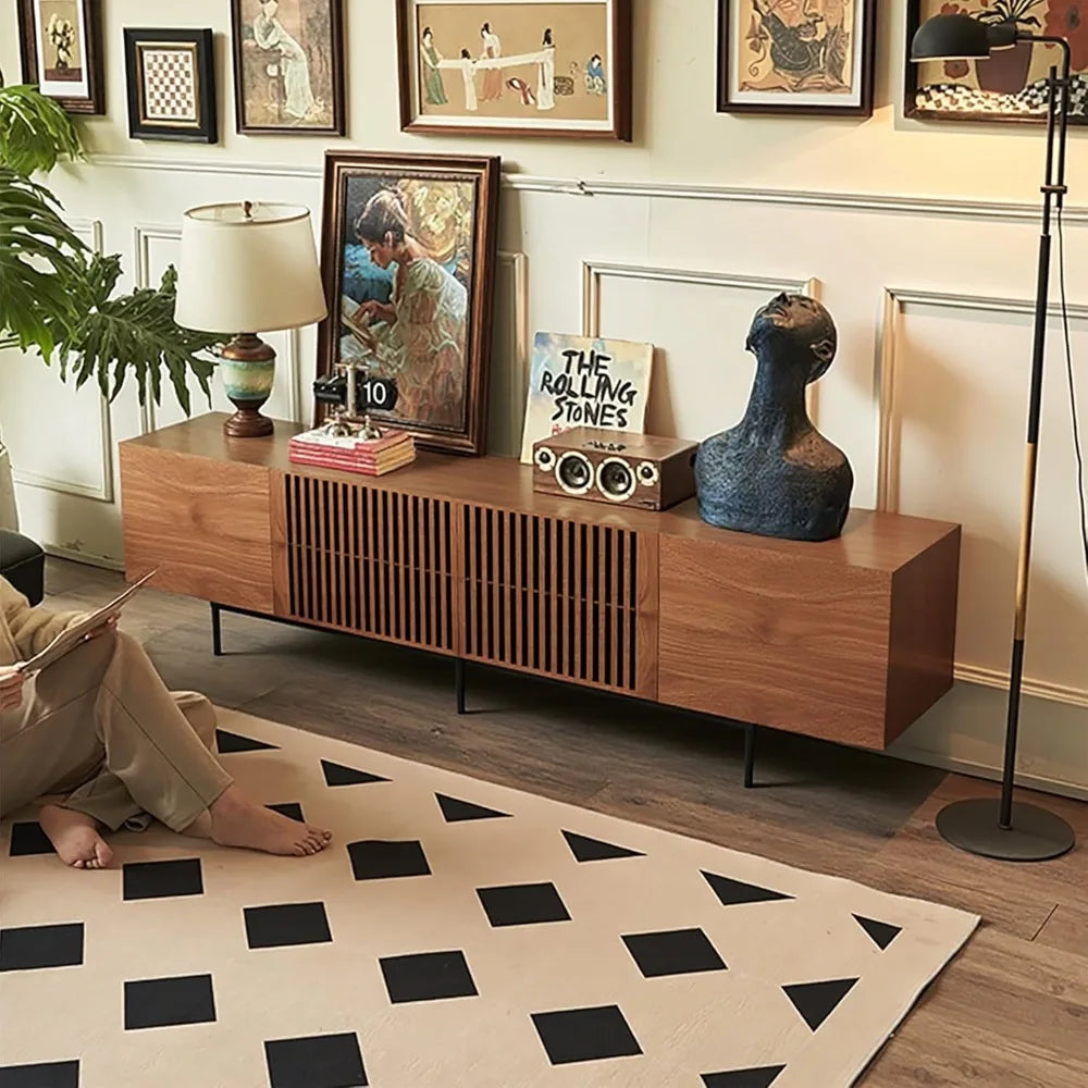 Mid Century Modern TV Stand for 70-90 Inch TVs, 4 Cabinet Storage Console.