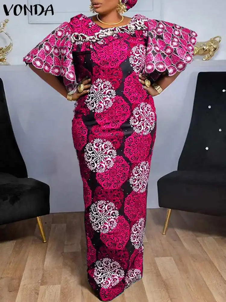 VONDA Summer Printed Maxi Dress Women Bohemian Dresses Short Sleeve Long Sundress 2024 Elegant Casual Loose Beach Vestidos Robe