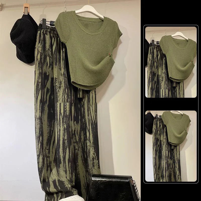 Fashion 2piece Set Women's Summer Thin O-neck Short Curled Sleeves Printed Patchwork T-shirt+Elastic Loose Wide Leg Pants