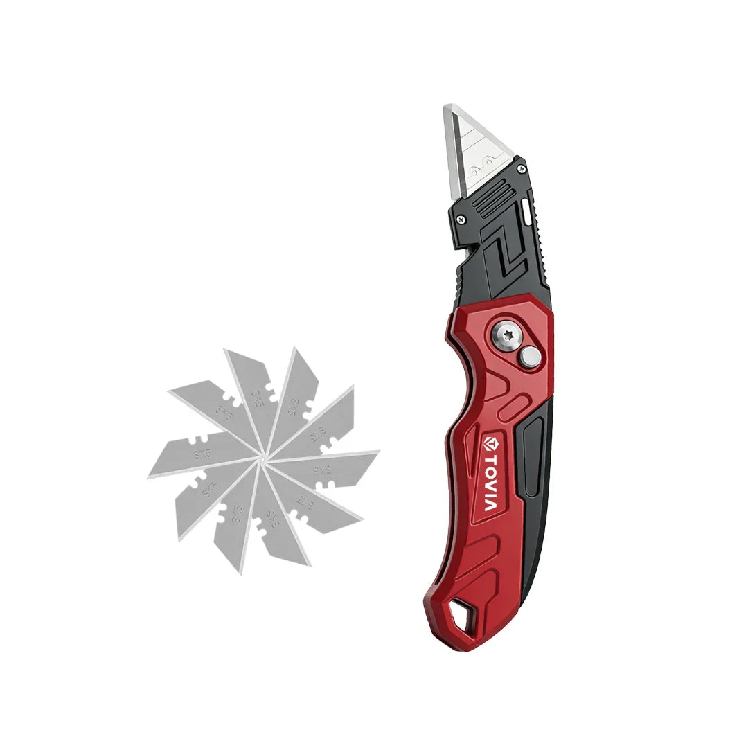 T TOVIA Folding Utility Knife with Blade Storage - Quick-Change Retractable Box Cutter, 3 Extra Blades in Handle, Aluminum Body.
