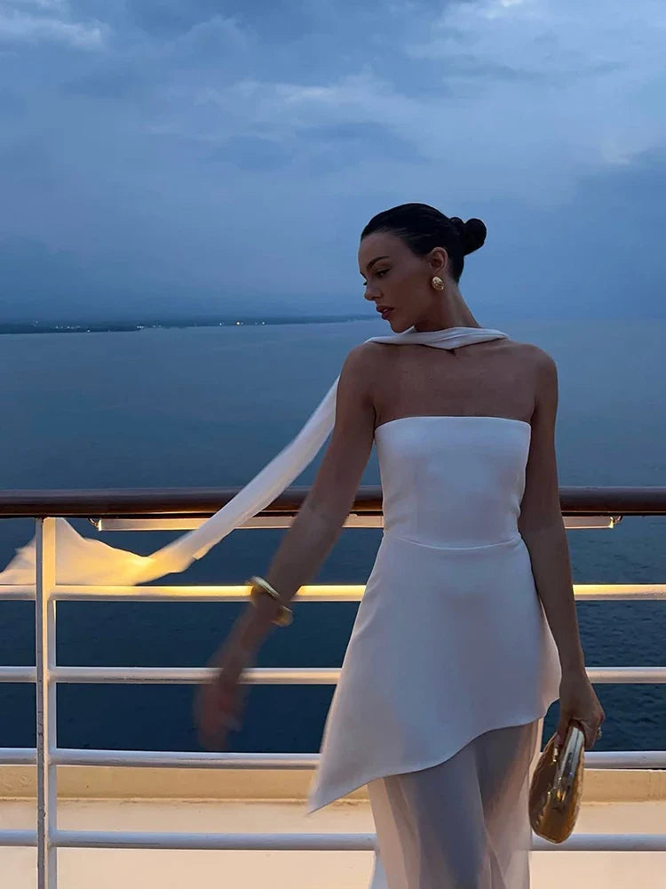 2025 Summer Women Fashion Strapless Dress With Ribbon Patchwork Elegant Sleeveless Mesh Split Dress Vacation Beach Long Dresses