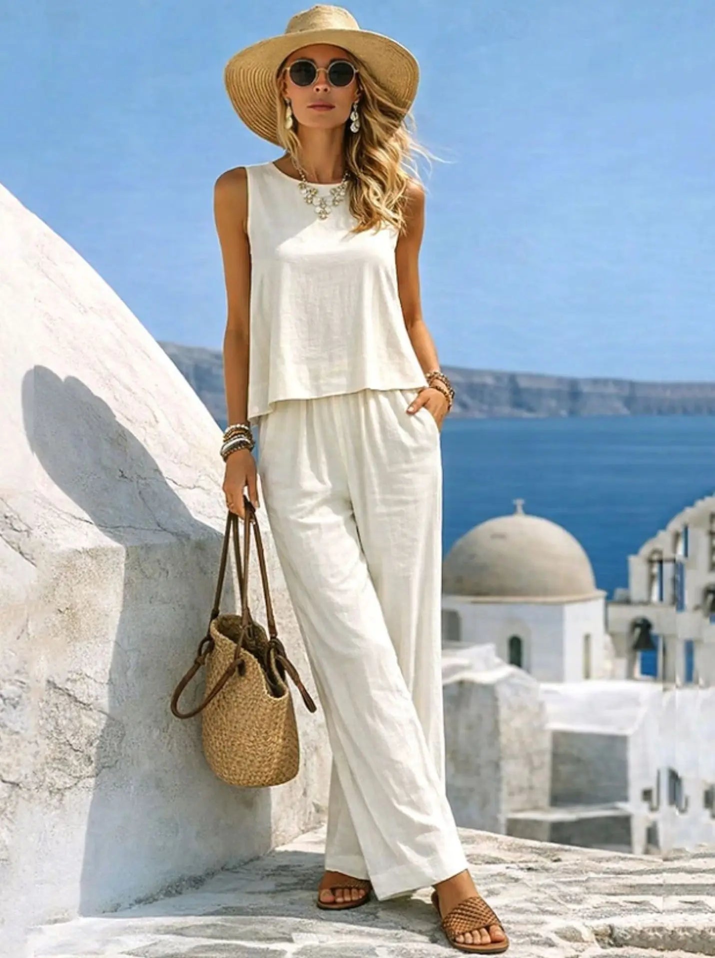  Women Vacation 2 Piece Outfit Sleeveless Tank Loose Top Pockets Wide Leg Pants Cotton Linen Blend Casual Summer Beach Wear