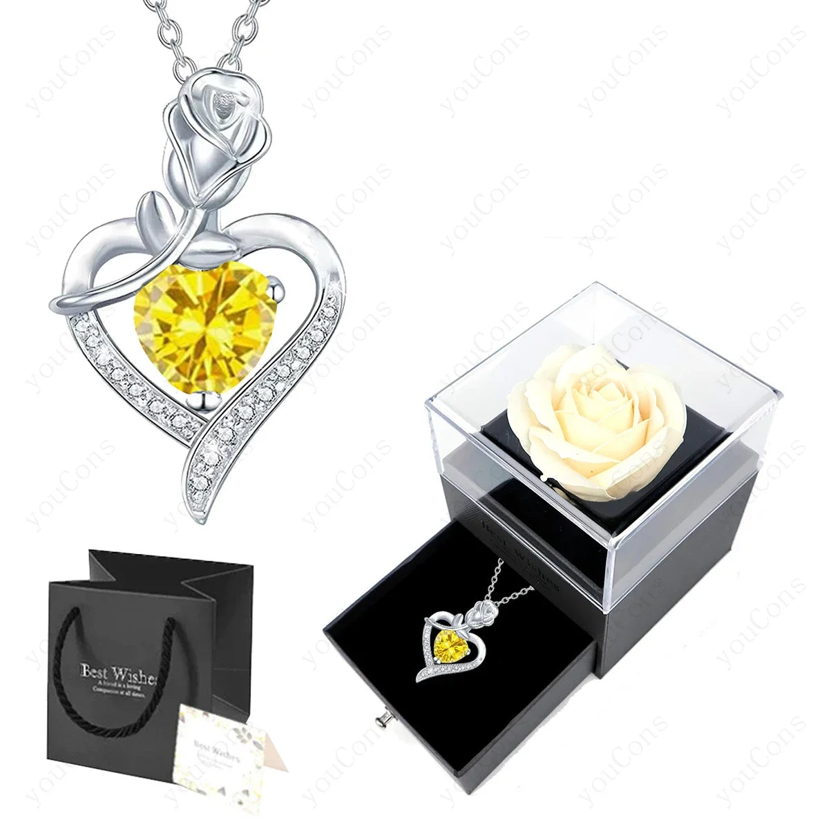 Luxury Red Zircon Heart Necklace With Rose Flower Gift Box For Girlfriend Birthday Valentine Gift  Romantic Accessories
