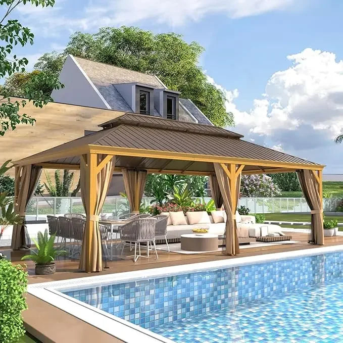 12x20 Gazebo, Hardtop Wood-Looking Gazebo with Galvanized Steel Double Roof, Patio Hardtop Gazebo with Netting and Curtains