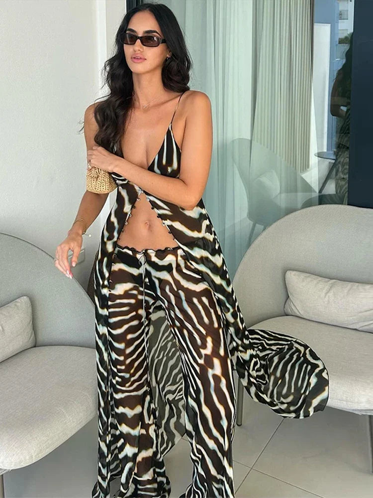 Sexy V-neck Printed Sling Top Pants 2 Piece Set Women Single Breasted Long  Shirts Leg Loose Straight Pants Set Lady Casual Sets