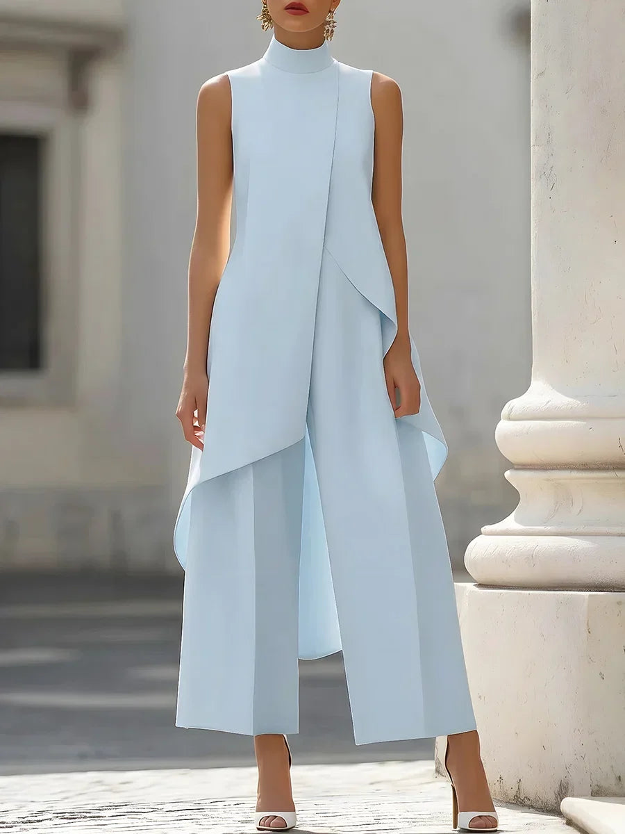 Sleeveless High Neck Jumpsuit With Asymmetric Draped Overlay Wide Leg Culottes Elegant Formal Evening Wear For Women