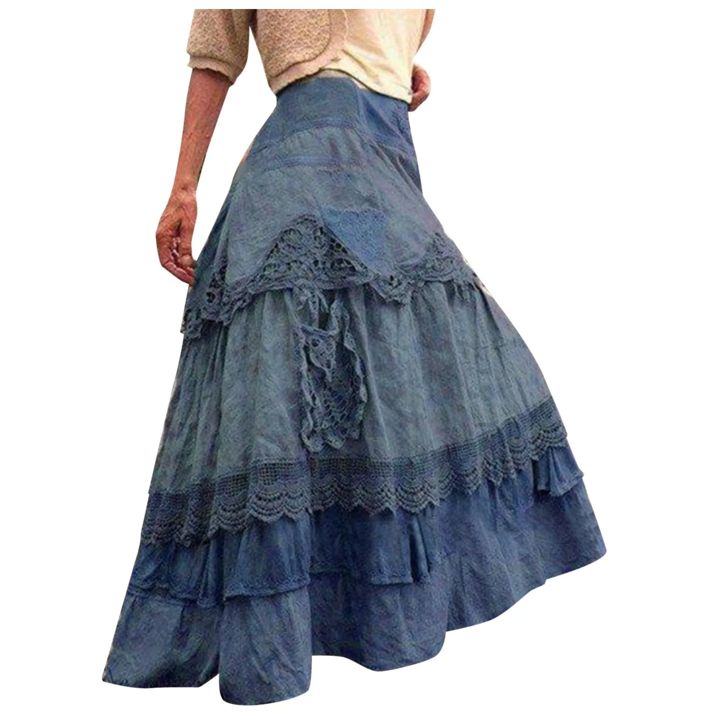 Women's 2025 Summer Boho Tiered Long Lace Skirt Maxi Flared Long Skirts For Women Fairy Casual Patchwork Layered Long Skirts
