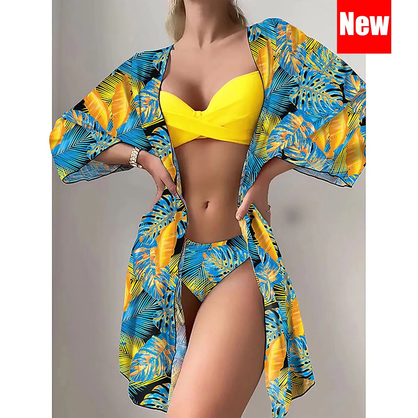 Three Pieces Bikini Set Cover Up Women New Push Up Twist Swimsuit Print Long Sleeve Swimwear Biquini Bathing Suit Summer